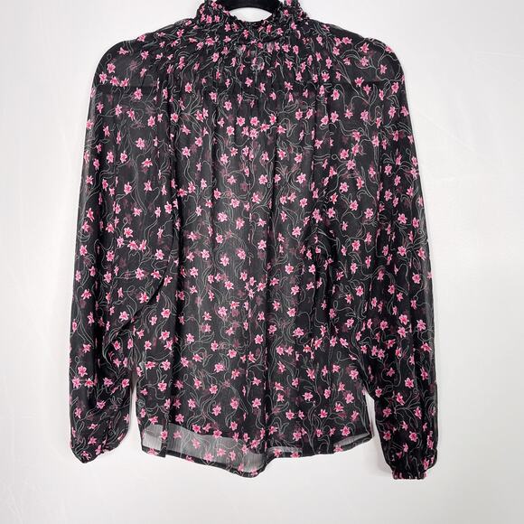 Elizabeth & James Floral Sheer Smocked Top XSmall Black Pink Long Sleeve Blouse - Picture 2 of 12
